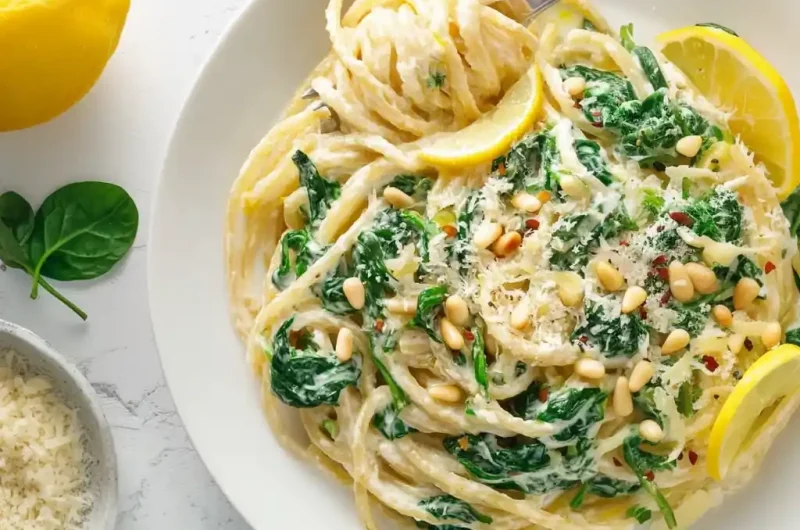 Creamy Lemon Ricotta Pasta with Spinach and Toasted Pine Nuts
