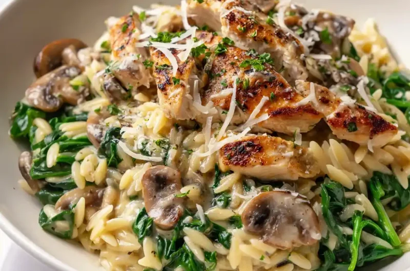 One-Pan Creamy Spinach Mushroom Orzo with Chicken