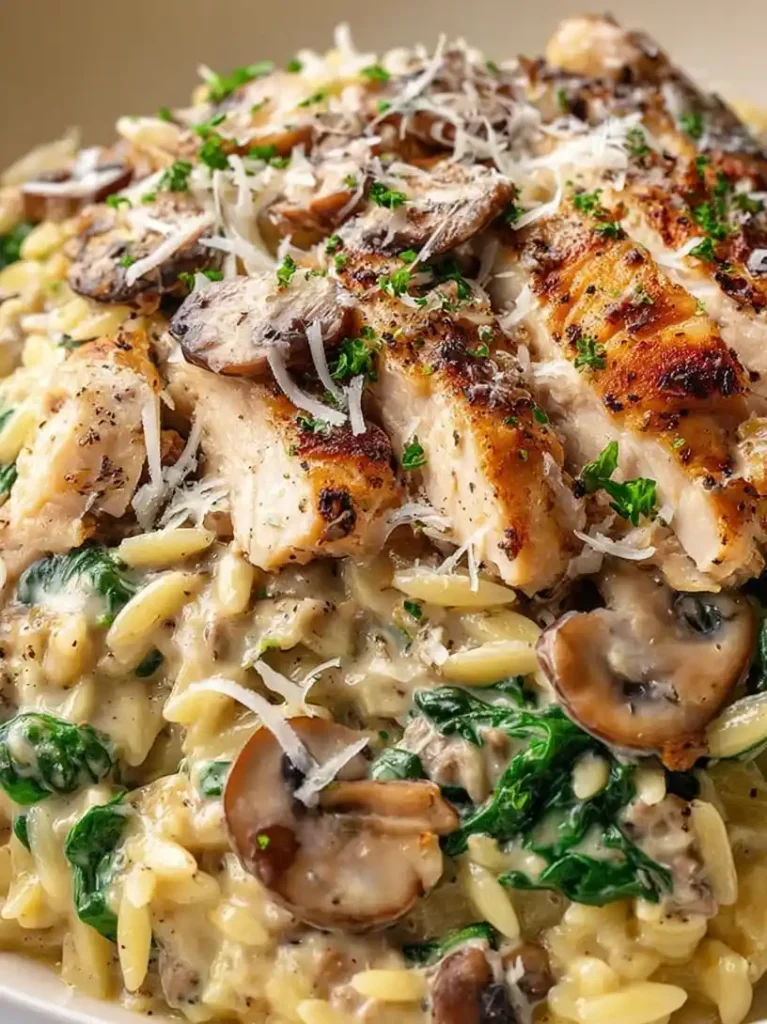 One-Pan Creamy Spinach Mushroom Orzo with Chicken
