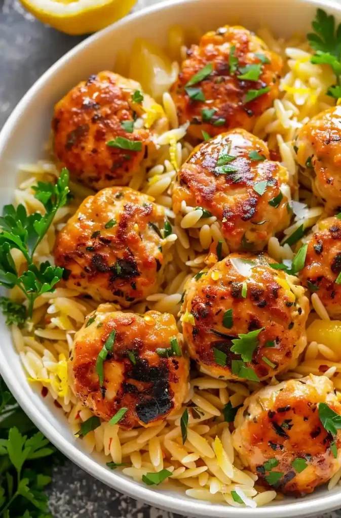 Easy Greek Chicken Meatballs with Lemon Orzo