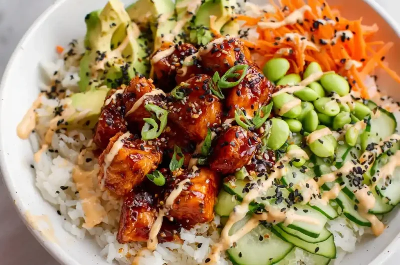 Spicy Salmon Rice Bowl with Creamy Sesame Mayo Sauce