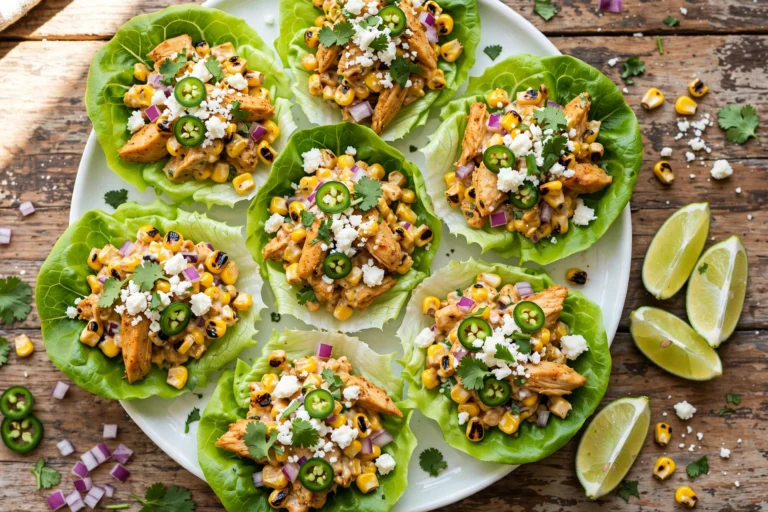 Street Corn Chicken Lettuce Wraps with Creamy Cotija